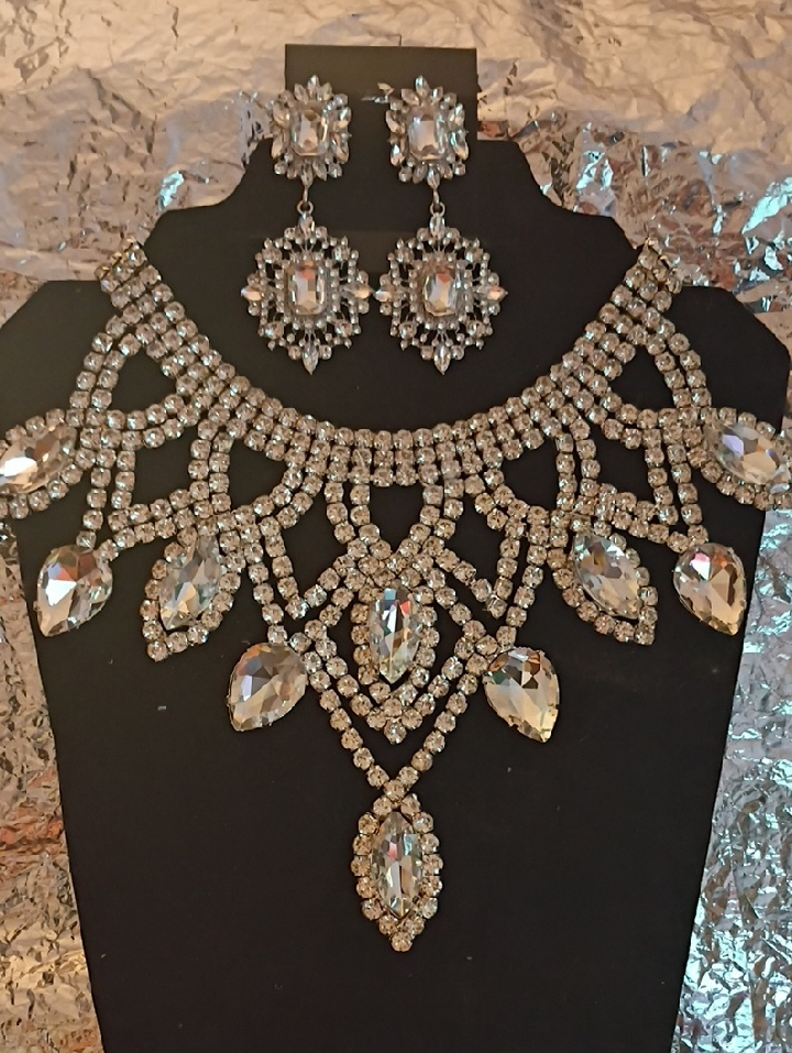 Crystal Statement Necklace And Earring Set  SilverTone